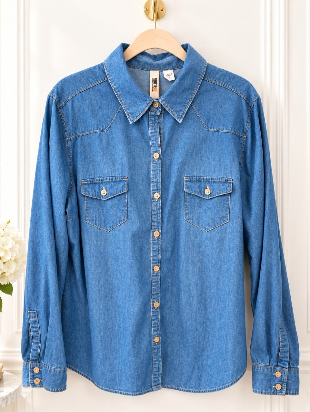 Route 66 Blue Denim Western Button Front Shirt Blouse| 100% Cotton | Size: Large - Picture 5 of 9